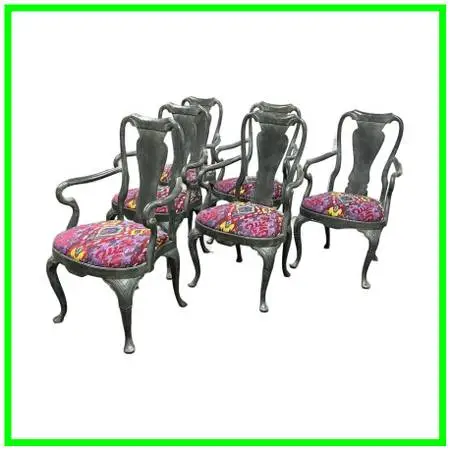 Custom Queen Anne Revival Upholstered Armchairs, Set Of Six