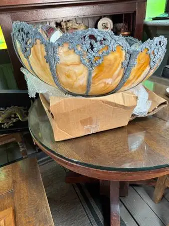 Antique arts and craft stained glass lampshade