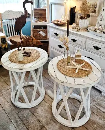 Distressed White Round End/Side Tables