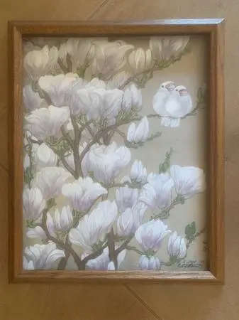 Love Birds And Magnolia Original Silk Painting Framed
