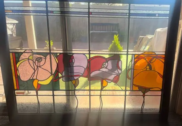 Vintage Art Deco FLLW inspired Stained Glass Window Flowers in Framed