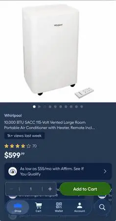 NEW! Whirlpool 10,000 BTU up to 700 sq ft Portable Air Conditioner