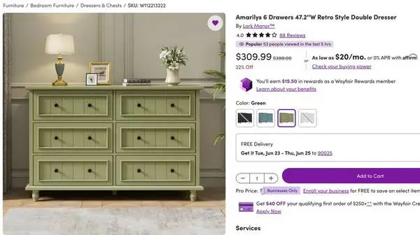 Amarilys 6 Drawers 47.2W Retro Style Double Dresser