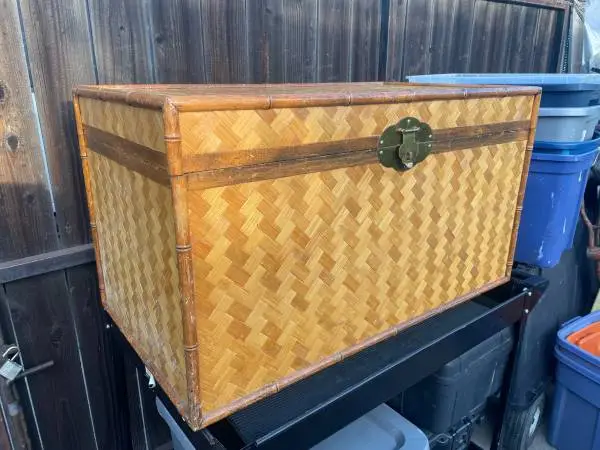 Vintage large wicker, bamboo and wood trunk