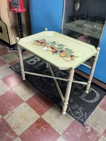 vintage solid wood butlers folding tray table with a fruit motif