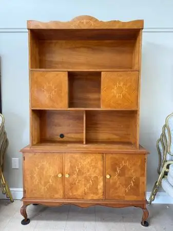 Solid wood 2- piece hutch with marquetry inlay french provincial style