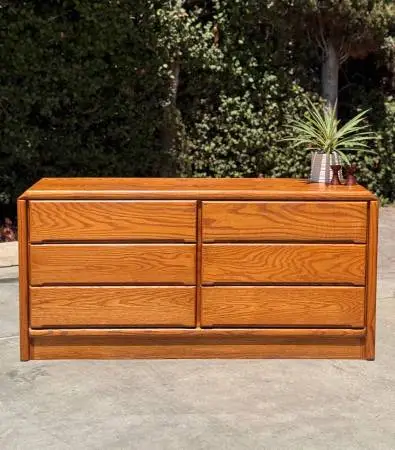 Postmodern Mid Century Vintage 1980s Oak 6 Drawer Lowboy Dresser