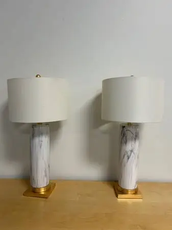 Pair of 30 White Faux Marble Table Lamps — Modern + Elegant