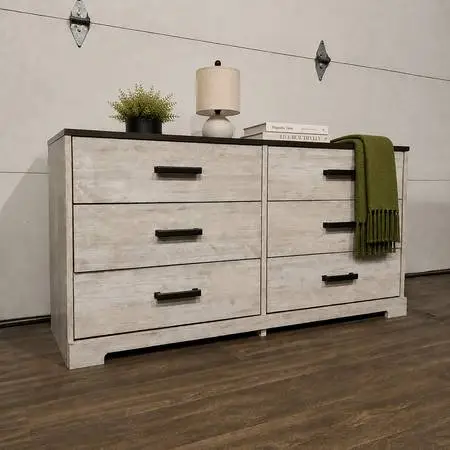 Modern White Wash 6-Drawer Dresser w/ Black Knobs