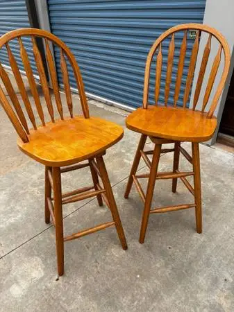 PRICE REDUCED 2 Beautiful Matching Solid Wood Swivel Bar Height Stools