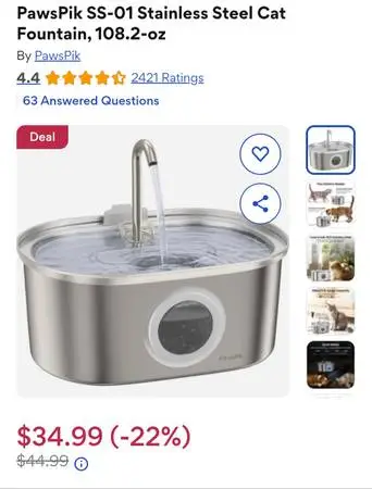 PawsPik Stainless Steel Cat or Small Dog Water Fountain +