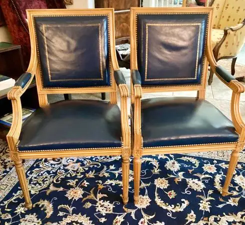 pair Regency / Louis / Gustavian Armchairs Navy Leather