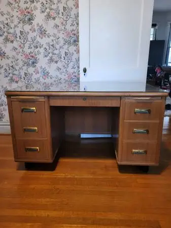 MID CENTURY WALNUT DESK w/GLASS TOP