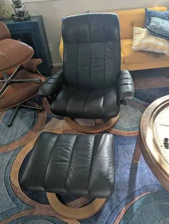 Authentic Ekornes Stressless Black Leather Recliner and Ottoman Set