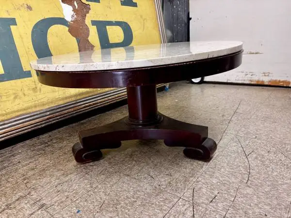 Antique Italian stone marble top wood coffee table. 36” diameter 20” tall. c