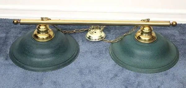 Brass Finish Billiard Lamp Featuring Green Aluminum Shades