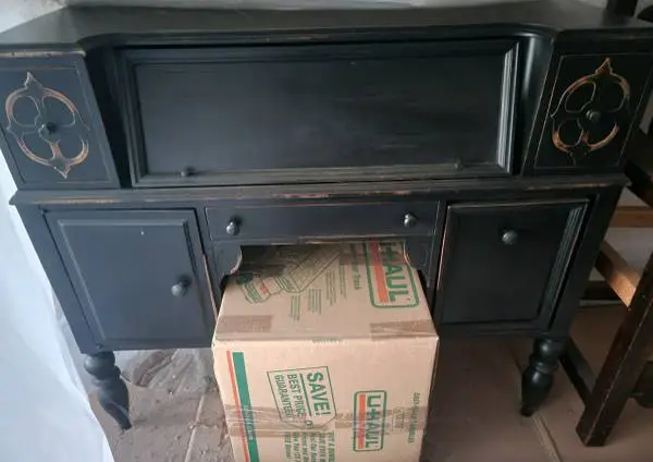 Writing Desk. 4 drawers. 1 Cabinet. Top Open Lid. Black. Antique. VGC