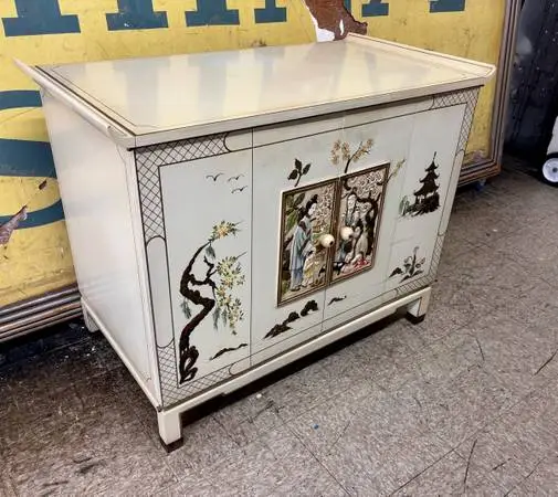 Oriental Bureau in white Lacquer bar cart with Hand Painted Landscape signed by