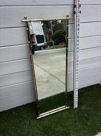 Vintage mcm gold Bamboo framed Mirror metal bamboo frame ready to wall hang. 196