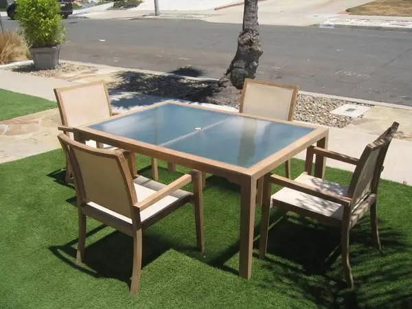 MCM-Floridian Teak Patio Set-4 Chairs-w/Sling+Cord Textured Glass Top