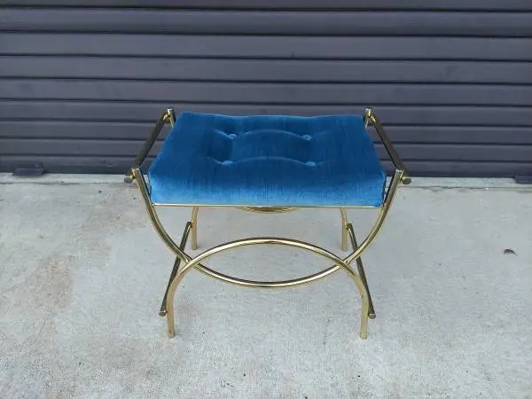 Vintage Mid Century Blue Tufted/ Gold Metal Frame Vanity Bench.