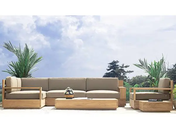 Outdoor patio teak sectional sofas and dining tables, furniture