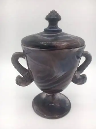 Vintage 1880s Imperial Glass Lidded Purple Slag Vase with Handles - $