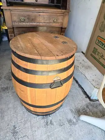 whiskey barrel w/ hinged lid end table