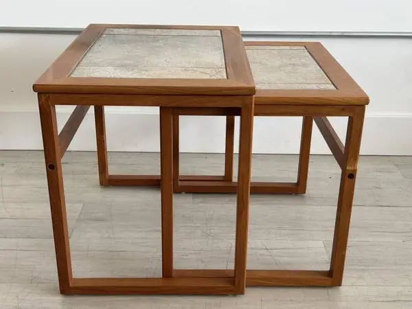 Danish Teak Side Table Set of 2 Tile Top Nesting Tables