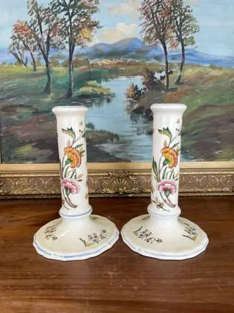 Pair of Hand-Painted French chinoiserie Style Gien France Ceramic Candlesticks.