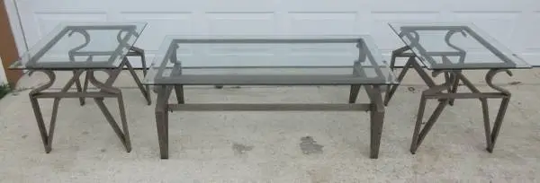 3 Piece Steel Living Room Table Set with Glass Tops