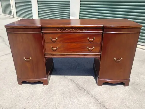 Mid 1900s Flame Mahogany Wood Buffet w/Glass Top