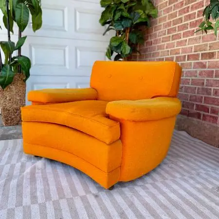 Retro Oversized Tufted Orange Curved Lounge Chair With Wool Upholstery and Caste