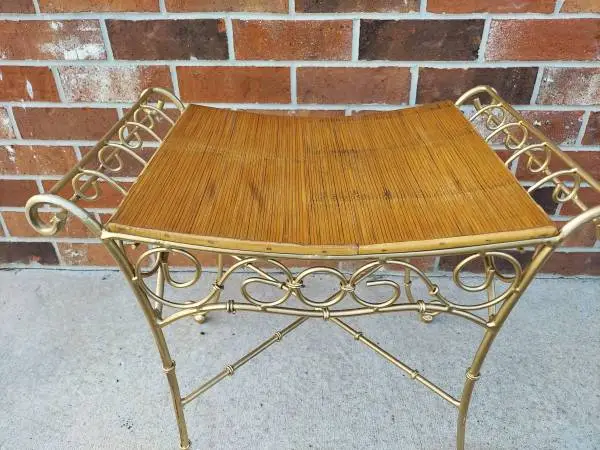 Vintage Wrought Iron Mid Century Vanity Seat with Original Bamboo Seat