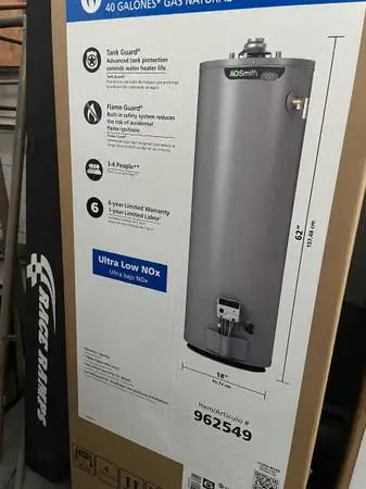 AO Smith 40 gallon gas water heater six year warranty 40,000 BTU