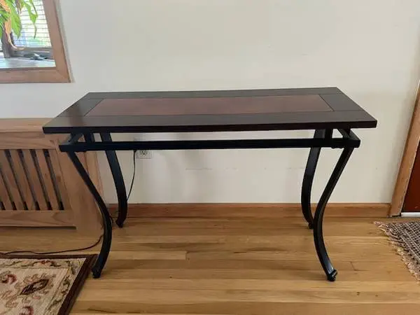 Matching coffee table, end table, console table, wood w/ metal bases