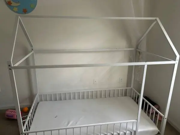 White House Toddler Bed Frame + Mattress – $125