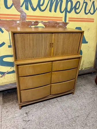 Mcm wood highboy dresser w/ tambor tambour doors and glass front drawers. Blond