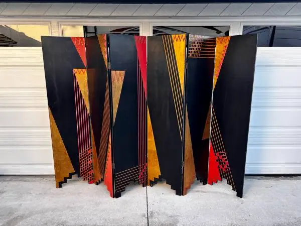 1980s folding 6 panel room screen divider Jean Dunand style Art Deco. Large size