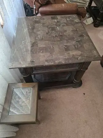 Large gator skin marble coffe table, end tables, hallway drawer