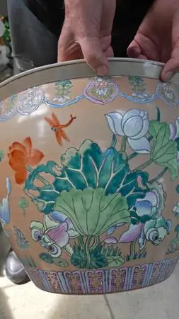 RARE HUGE 14”T x 16.5”D (Top) FAB HP Chinese Fish Bowl Planter COLORFU