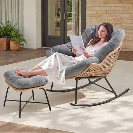 Papasan Rocking Chair with Ottoman, Oversized Papasan Chair, Cream White Indoor
