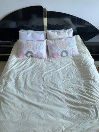 BLACK LACQUER BED AND NITE STANDS