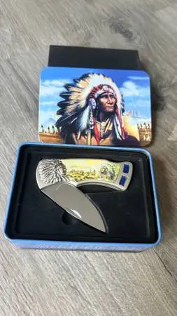 Native American Themed Folding Pocket Knife with Collector Tin