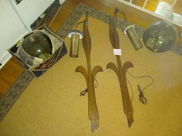 Pair of wood mid century modern hanging globe lanterns