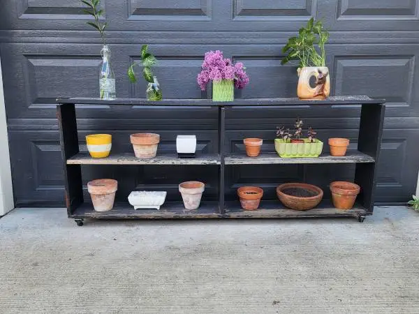 Rustic Vintage Wood Plant Shelf on Wheels