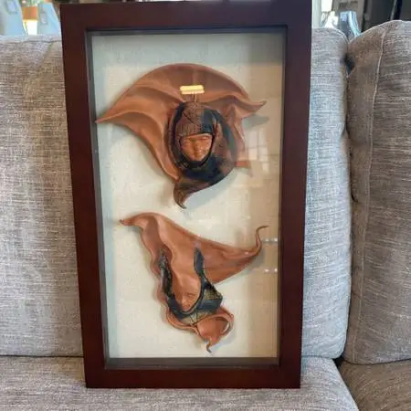 Molded Leather Face Sculptures In Shadow Box- 11X2X18.5H