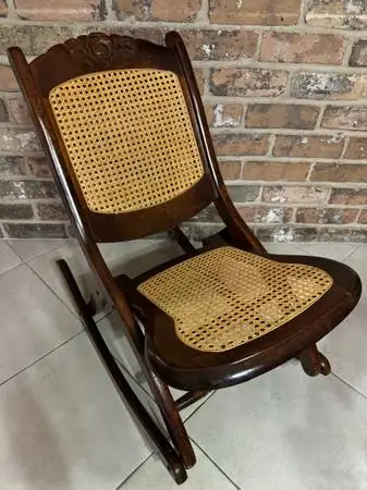 Vintage Folding Wood And Cane Victorian Style Rocking Chair