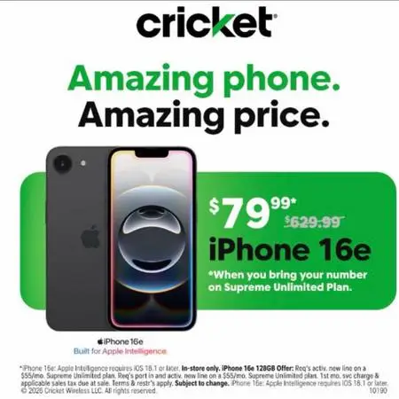 Get the IPhone 16e for $79.99 when you switch to Cricket!
