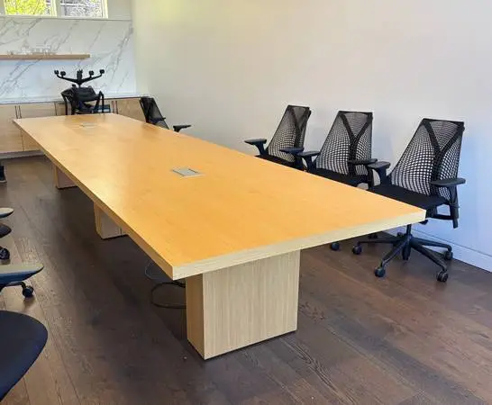 16 Ft x 4 Ft Rectangular Table In White Oak. (2) Power & Data Modules